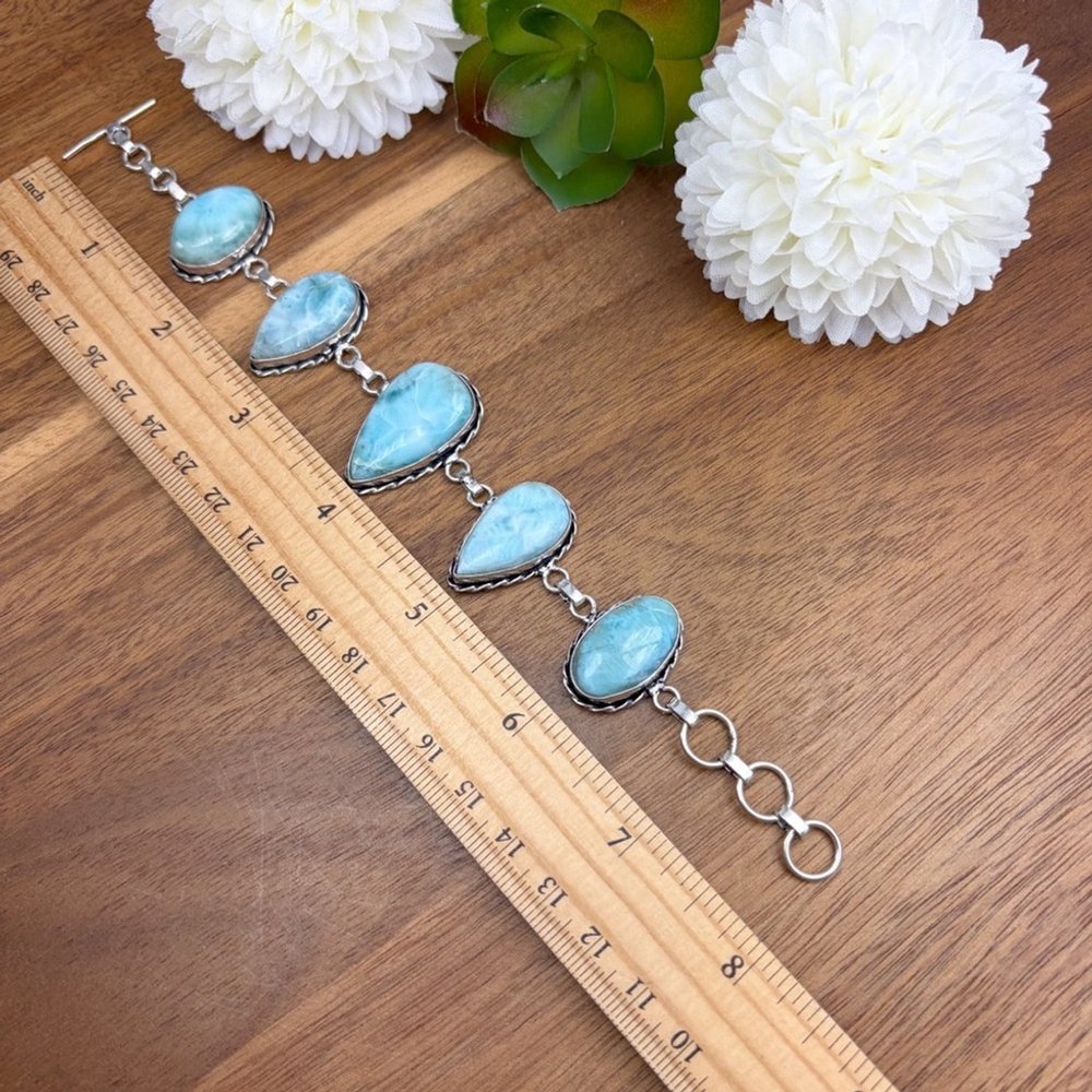 Blue Larimar Chunky Gemstone Bracelet Oval Pear New 925 Overlay - Picture 8 of 8